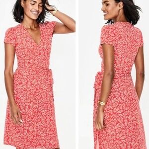 Boden Jersey Knit Wrap Dress Women's Sz 4 Coral Botanical Print Short Sleeve‎